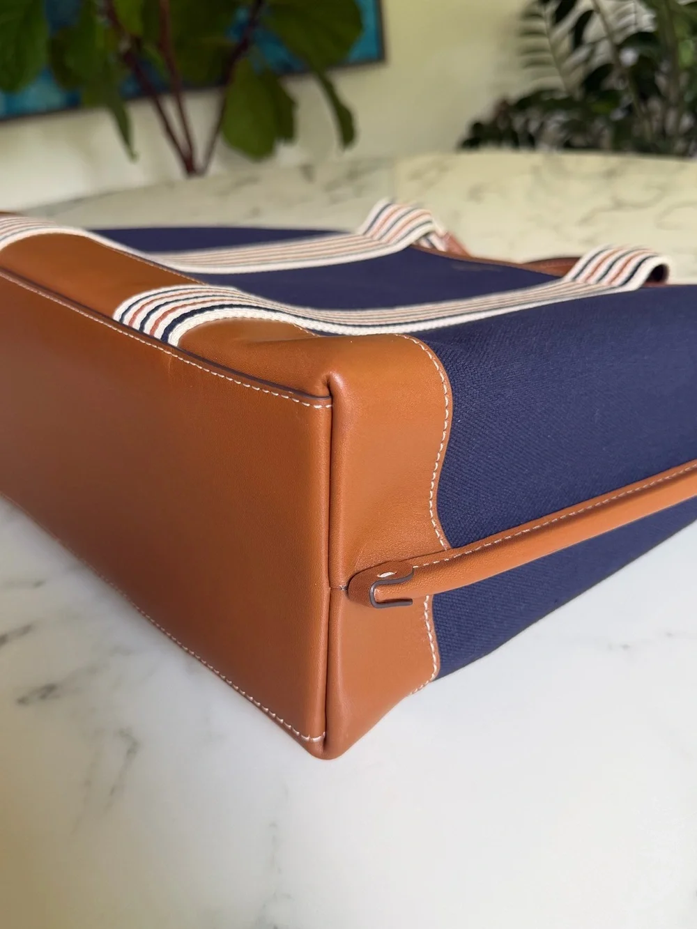 Tory Burch Perry Navy Multi Stripe Canvas Leather Triple Compartment Tote